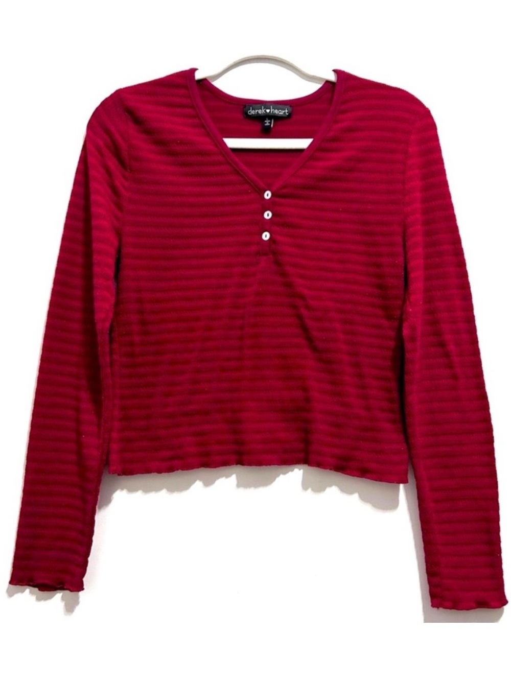 Derek Heart Women’s V-neck Red Texture Knit Henley Maroon Burgundy Cranberry